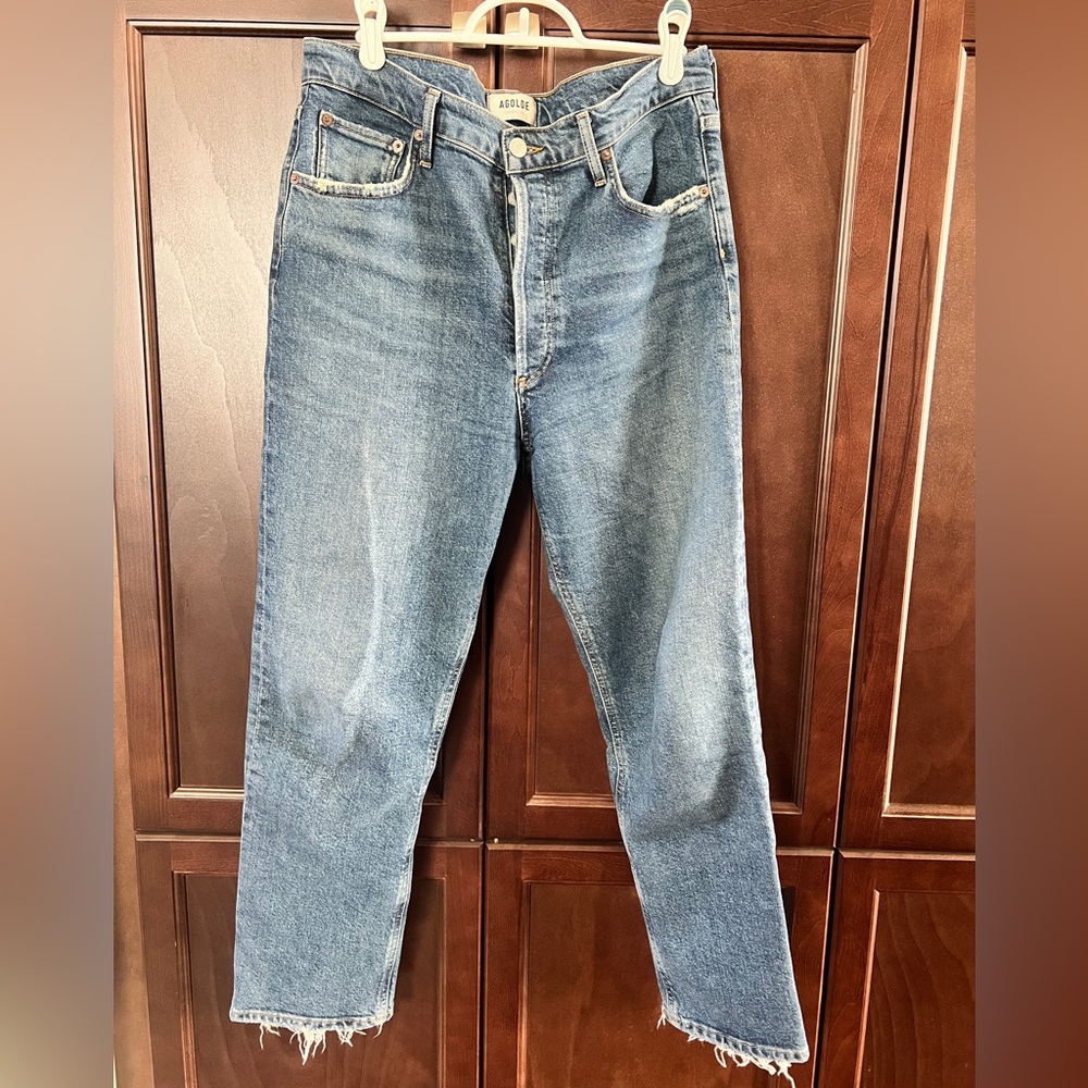 Agolde Riley High Rise Straight Crop Jeans Frequency Wash Blue Women's Size 30